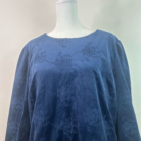 Soft Surroundings Navy Blue Velvet Floral Blouse L Long Sleeve Embossed Texture - Picture 2 of 13